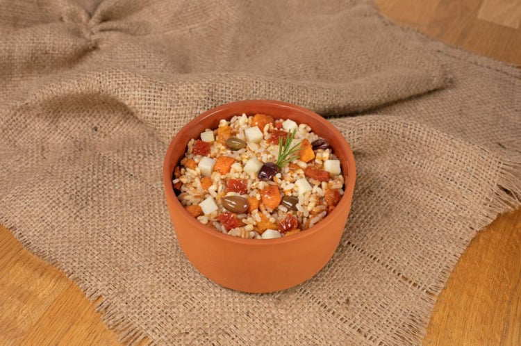 foto ricetta Insalata tiepida ai 3 Cereali con zucca, cubetti di pecorino, olive taggiasche e pomodoro secco 