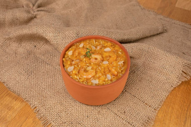 foto ricetta 3 Cereali alla crema di zucca con gamberi, mandorle e sesamo 