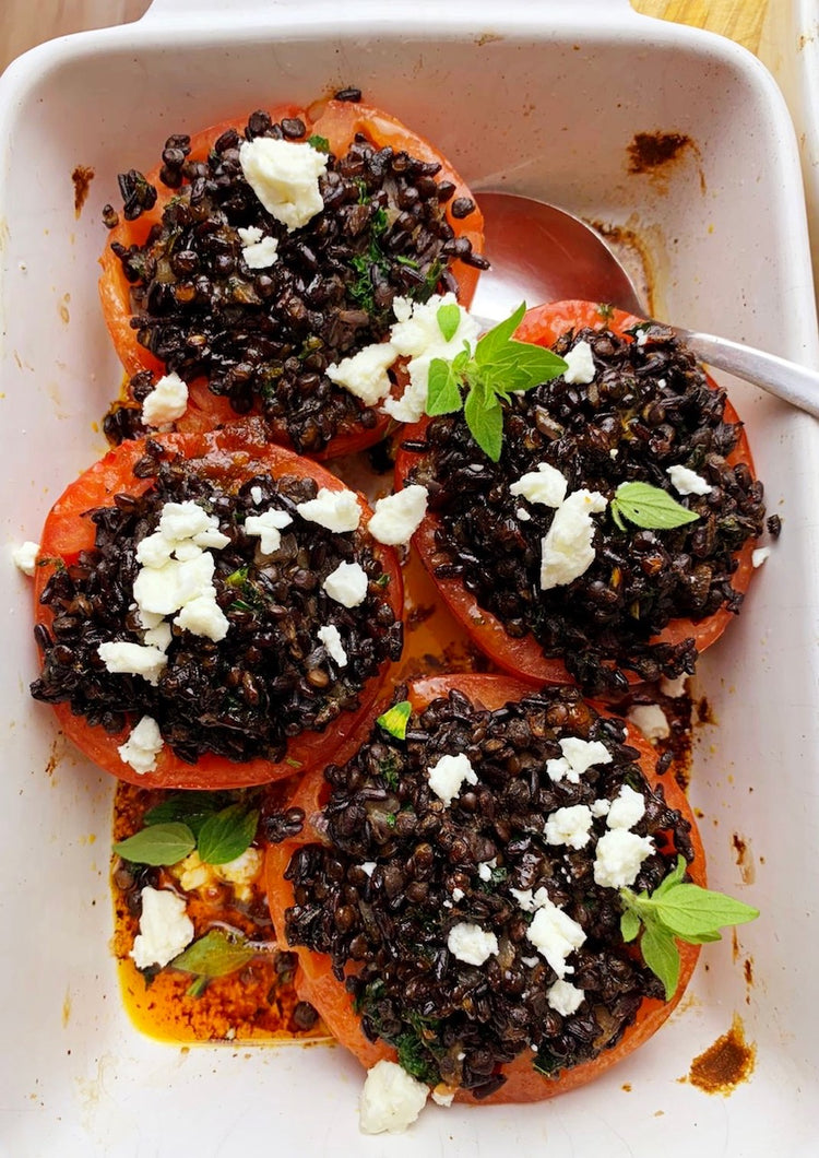 BAKED TOMATOES WITH LEBANESE DIRTY RICE AND FETA CHEESE 