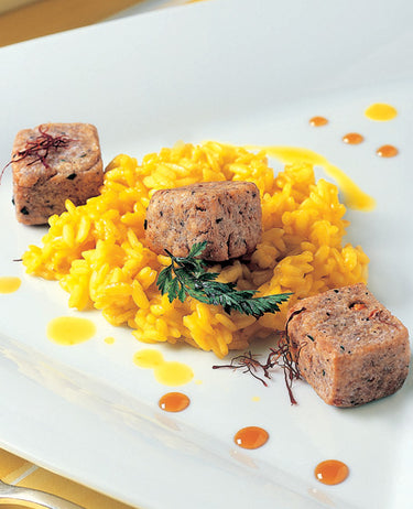 foto ricetta Riso allo zafferano e tartufo nero con cubi di gorgonzola fritti 