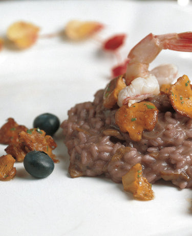 foto ricetta Riso con gamberi di Sanremo trifolato di finferli e mirtilli 