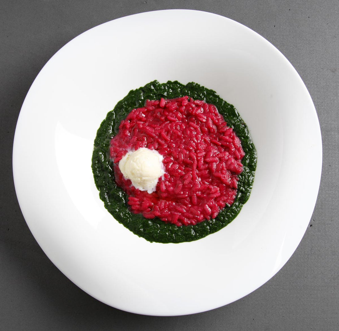 Risotto alla rapa rossa con crema di bietole e burrata 