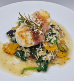 MONKFISH WITH ROASTED VEGETABLES AND SPINACH RISOTTO 