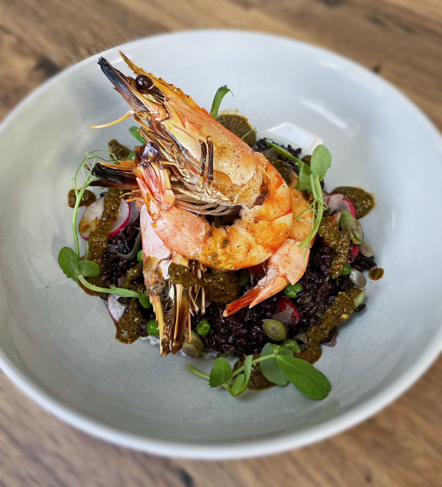 TIGER PRAWNS WITH BLACK RICE & HARISSA PESTO 